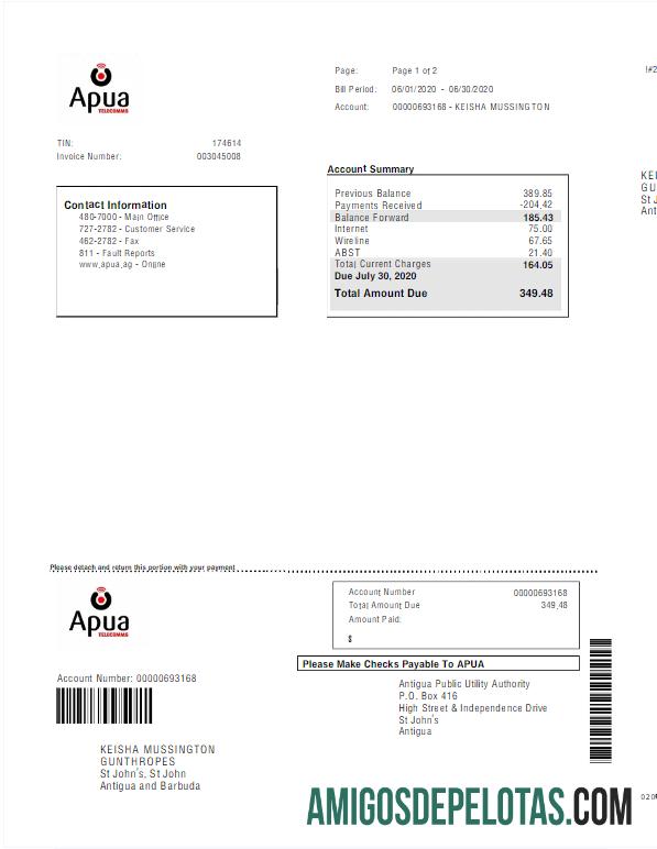 realista ANTÍGUA E BARBUDA APUA Modelo Word e PDF de conta de serviços públicos